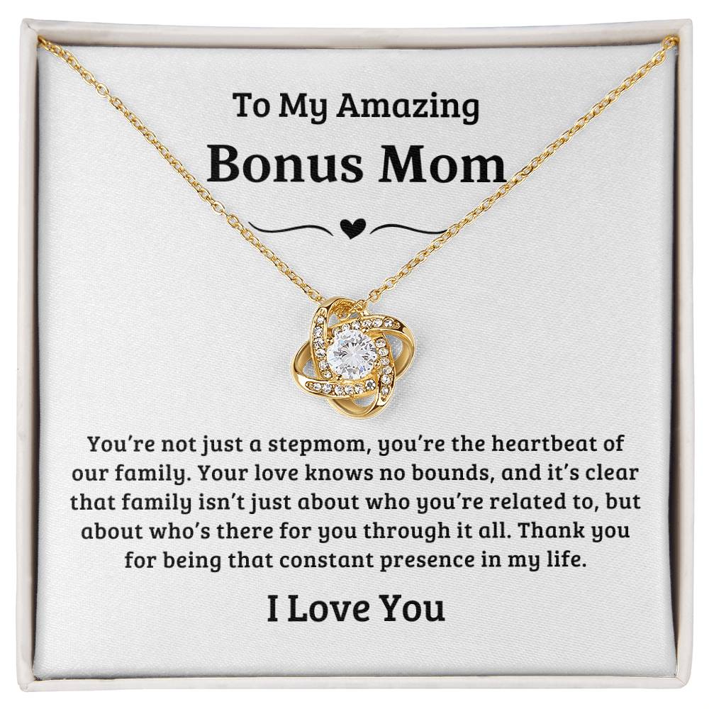 To My Amazing Bonus Mom | You're a Heartbeat of Our Family, Love Knot Necklace - White Card