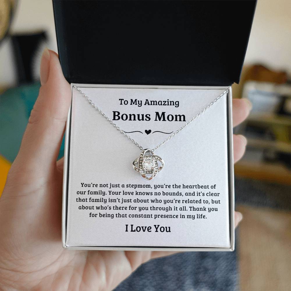 To My Amazing Bonus Mom | You're a Heartbeat of Our Family, Love Knot Necklace - White Card
