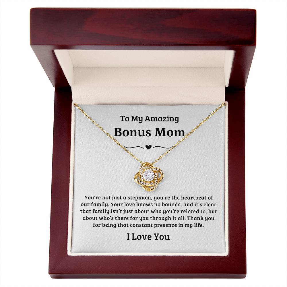 To My Amazing Bonus Mom | You're a Heartbeat of Our Family, Love Knot Necklace - White Card