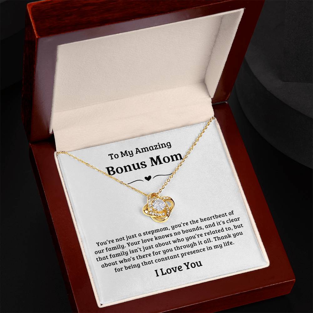 To My Amazing Bonus Mom | You're a Heartbeat of Our Family, Love Knot Necklace - White Card