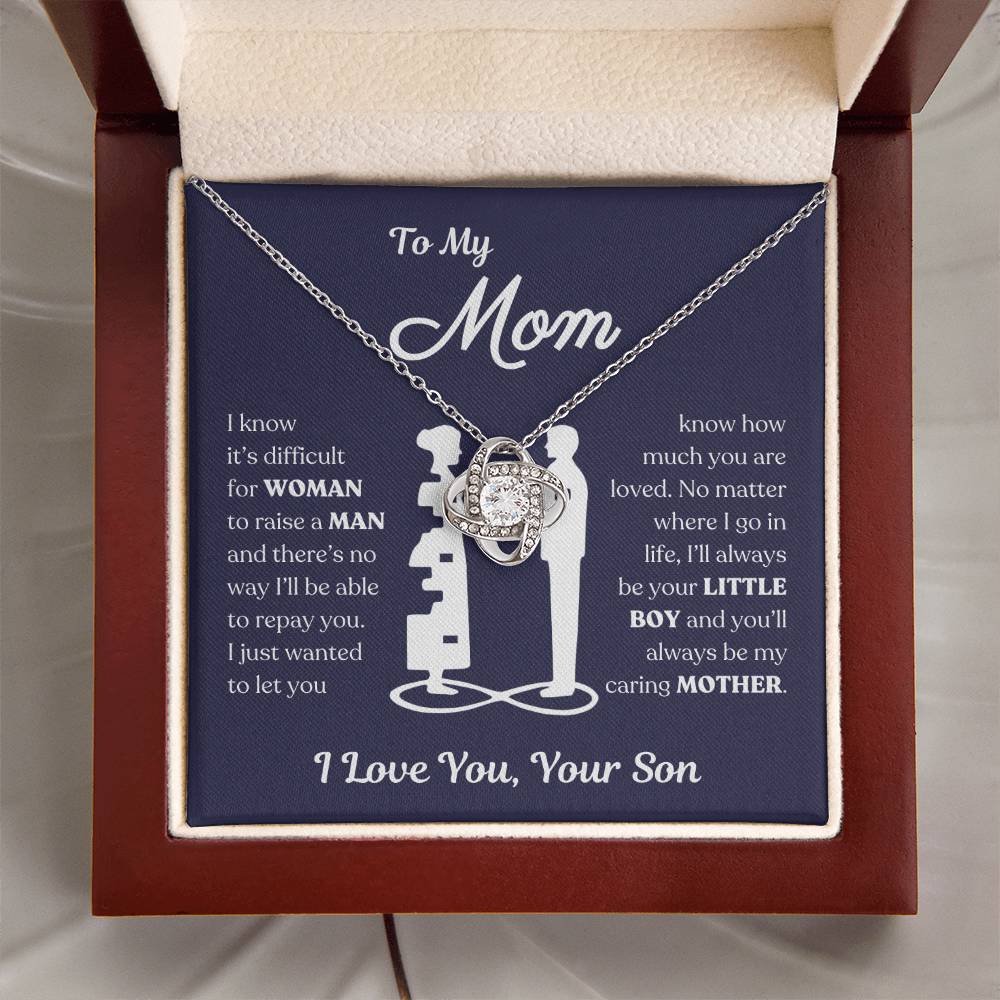 To My Mom | You'll Always be My Caring Mother, Love Knot Necklace - Dark Blue Card