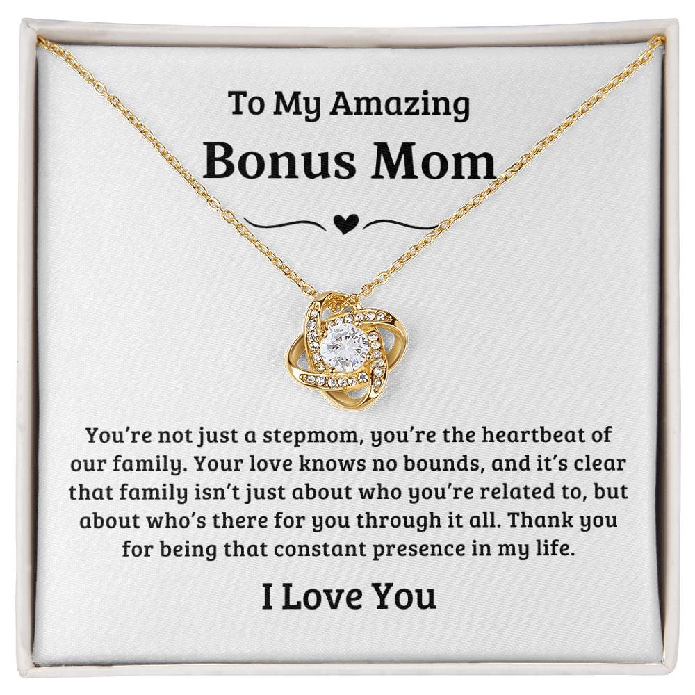 To My Amazing Bonus Mom | You're a Heartbeat of Our Family, Love Knot Necklace -  White Card