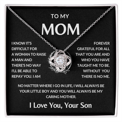 Gifts for Mom | Mother's Day Gift from Son to Mom, Love Knot Necklace with Heartfelt Mother's Day Card Message - Black card