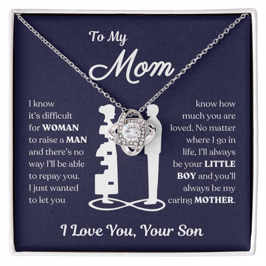 To My Mom | You'll Always be My Caring Mother, Love Knot Necklace - Dark Blue Card