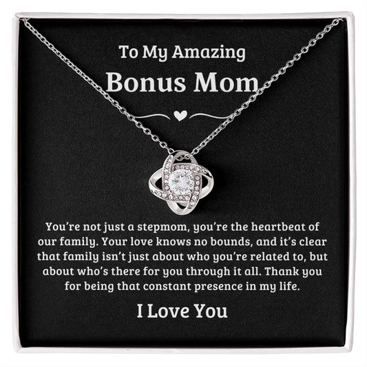 To My Amazing Bonus Mom | You're a Heartbeat of Our Family, Love Knot Necklace -  Black Card