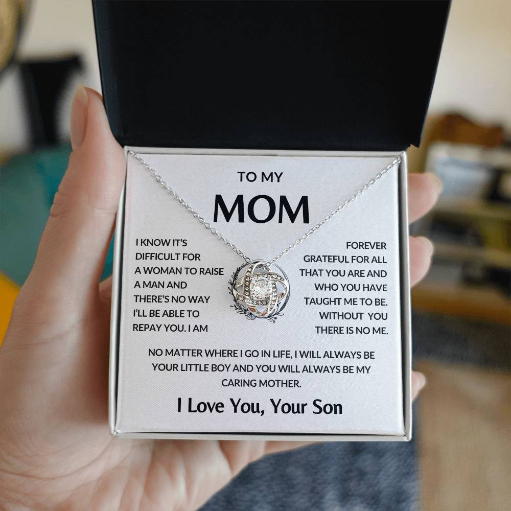 Gifts for Mom | Mother's Day Gift from Son to Mom, Love Knot Necklace with Heartfelt Mother's Day Card Message - White card