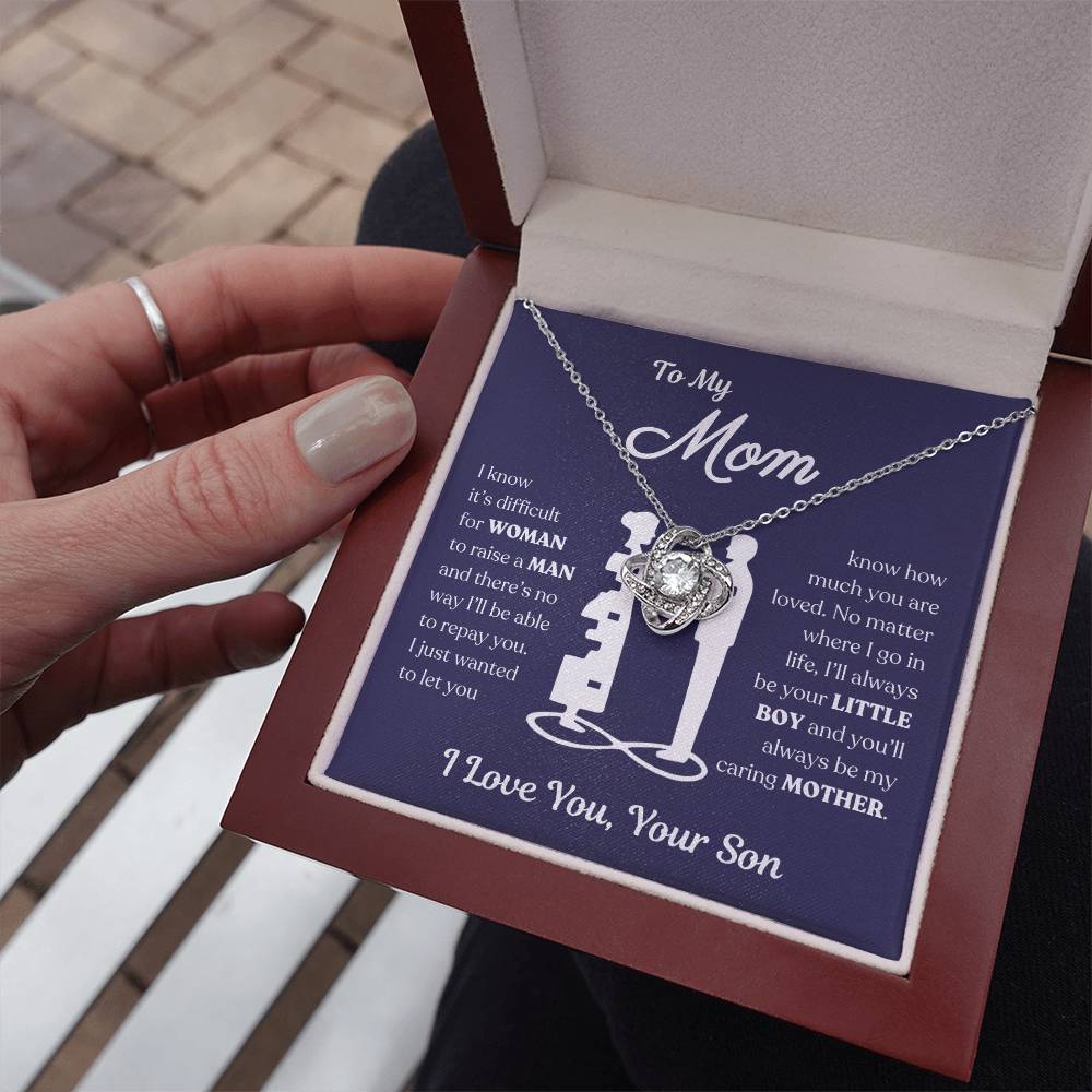 To My Mom | You'll Always be My Caring Mother, Love Knot Necklace - Dark Blue Card